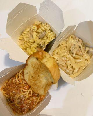 Spaghetti bolognese, chicken fettuccine, and beef stroganoff.