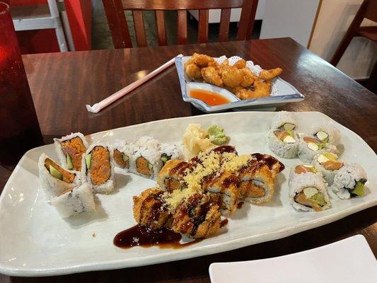 Hawaiian Shrimp, Spicy Tuna Roll, Philly Roll, and  Spicy Tuna Tempura Roll. EXCELLENT!!