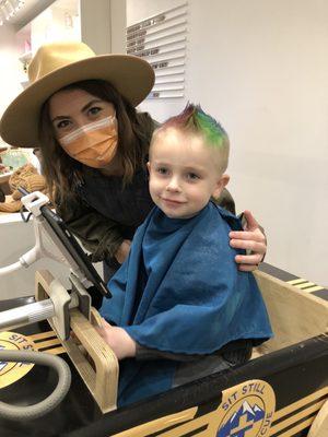 Our son with his rainbow faux hawk and the talented Jessa!