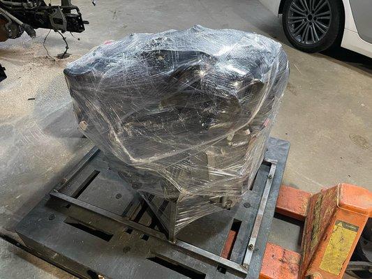 BMW Engine ready for international shipment.