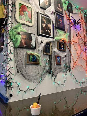 Beetlejuice decorated area by their barstools for Halloween