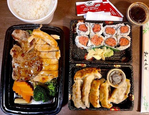 Clockwise left to right teriyaki combo, spicy crunch tuna roll, fried pork gyoza