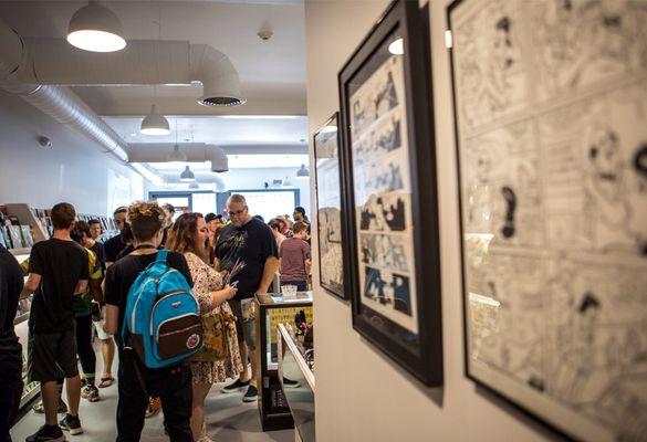 Original comic and pop culture artwork with rotating exhibitions.