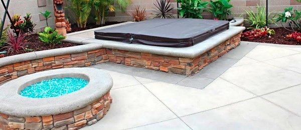 fire pit and built-in jacuzzi; ledger stone