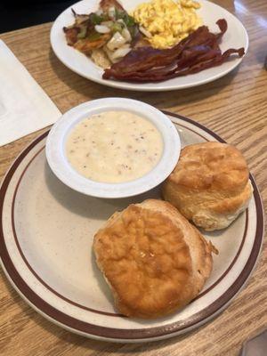 Bacon (4) and Eggs and Biscuits (2) and Gravy