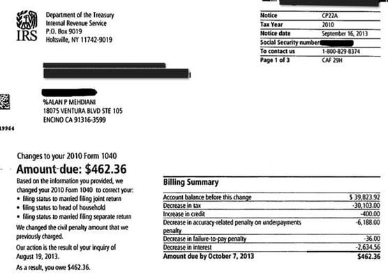 After months of battling with the IRS, we were able to get our client's IRS tax bill reduced from $39,823.92 to $462.36.