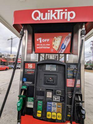 Pump 16 of 16. Outside the convenience store in background left. Gas prices as of Sunday, January 28, 2024.