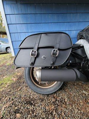 The $320 saddlebags I asked them to install. Three hours and $450 later, they're finally attached,