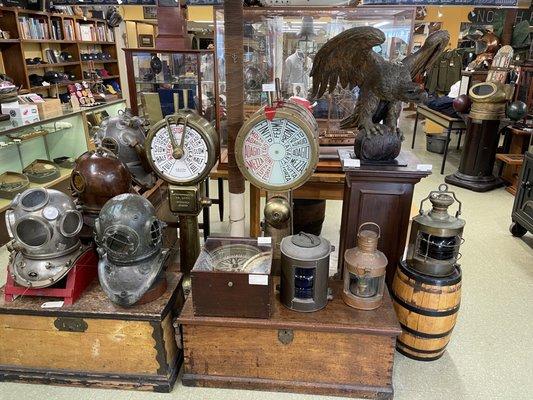 Diving helmets, ships telegraphs and lanterns