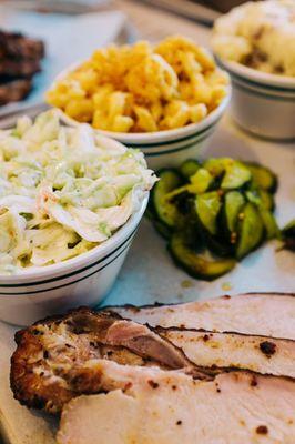 turkey, slaw, pickles, and mac & cheese