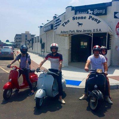 East Coast Classic Rally. Red and blue Vespas restored at Scooter Bottega.