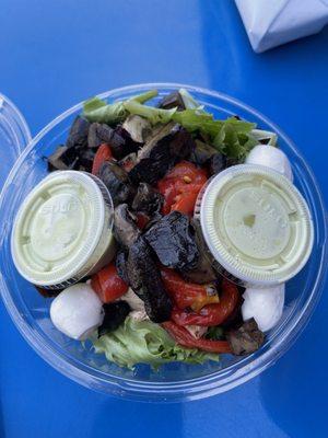 Balsamic chicken salad with portobello mushrooms, roasted peppers, fresh mozzarella balls.  Delicious dressing!