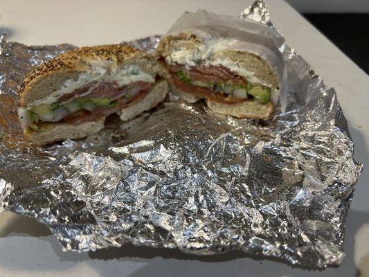 Bagel n lox with avocado, onion and tomato!