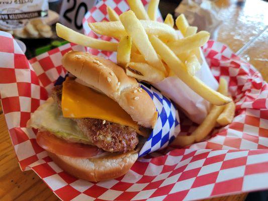 Turkey burger with American cheese.