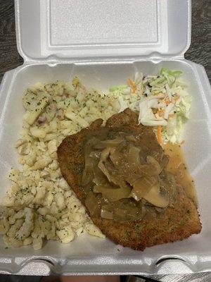 3. Schnitzel "Hunter Sauce" Butter Spaetzle German Potato Salad