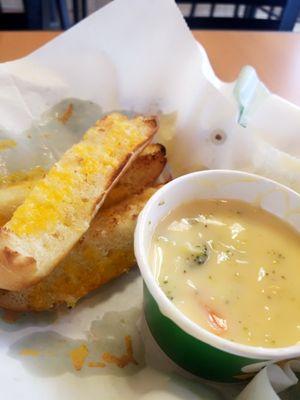 Cheese bread stick with broccoli cheddar soup