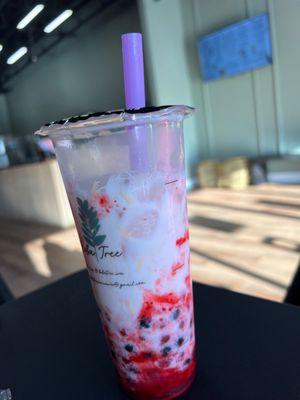 Strawberry milk, tea with Boba and popping Boba