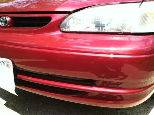 Repaired front bumper on 99 Toyota Corolla. Great Work done by T&J Auto Body