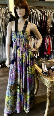 Matthew Williamson silk dress, Oscar de la Renta earrings & Emilio Pucci pumps.