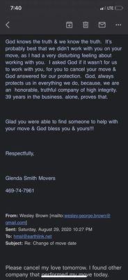 Response from Glenda Smith Movers