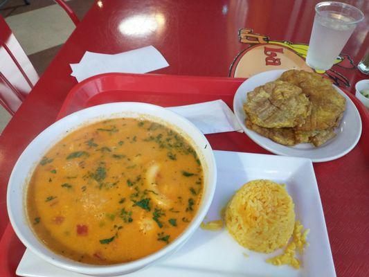 Seafood gumbo and tostones.