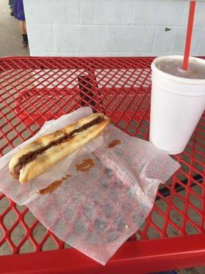 Marshmallow Pepsi and a chili dog.