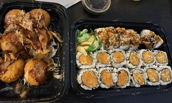 Takoyaki, Spicy Yellowtail Roll, Spicy Salmon Roll, Shrimp Tempura Roll