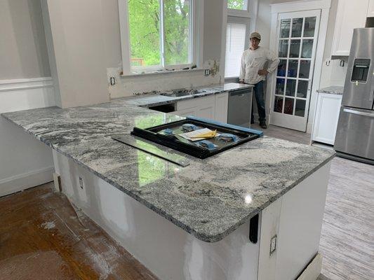 White Cabinets and Grey Color Scheme Natural Stone