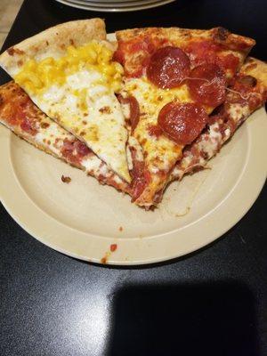 Mac and cheese pizza, pepperoni pizza,