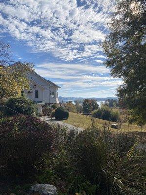 Side view of the farmhouse and lake below