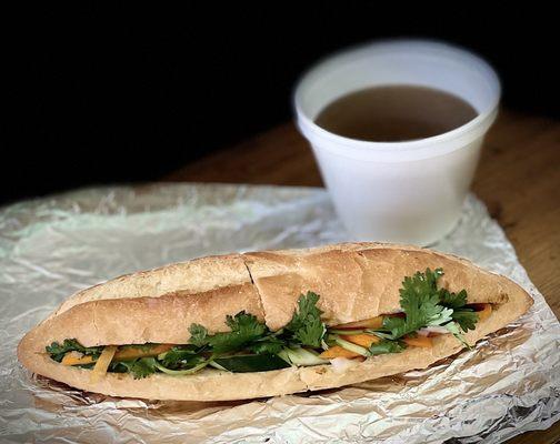 BBQ Chicken Banh Mi with side small Pho Broth