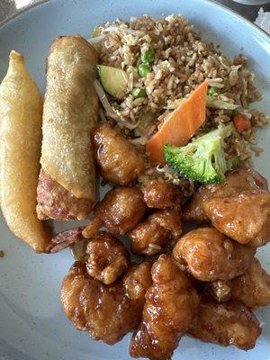 Family meal: orange chicken, fried rice, egg roll & fried shrimp