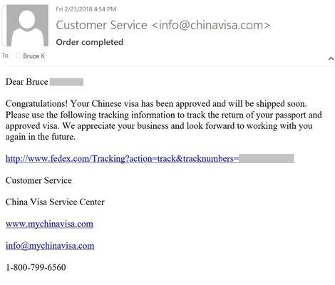 Confirmation from China Visa Service Center