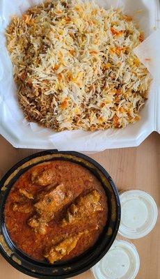 Chicken biryani and karahi chicken, came with two yogurt sauces