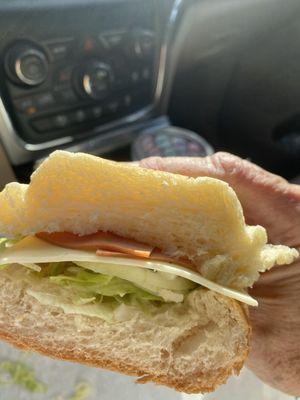 Bologna n cheese, completely unacceptable, shame on you. 2 paper thin slices of bologna cut in half. 7 buck for a bread sub.