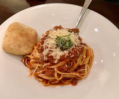 Pasta bolognese with sausage and beef.