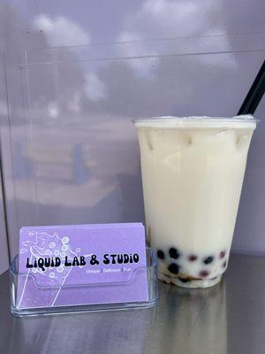 Light-n-Bright Signature Milk Tea, sencha green tea blend, whole milk, simple syrup, mango puree, & dragon fruit popping & brown sugar boba