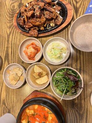 Spicy Pork Bulgogi, banchans & Haemul Soondubu