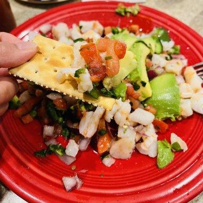 Ceviche is served with crackers