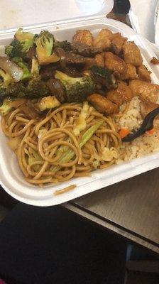 Teriyaki Steak and Teriyaki Chicken with lo mein and shrimp fried rice