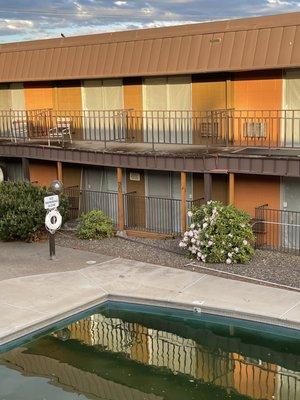 The pool and the condition of the balcony.