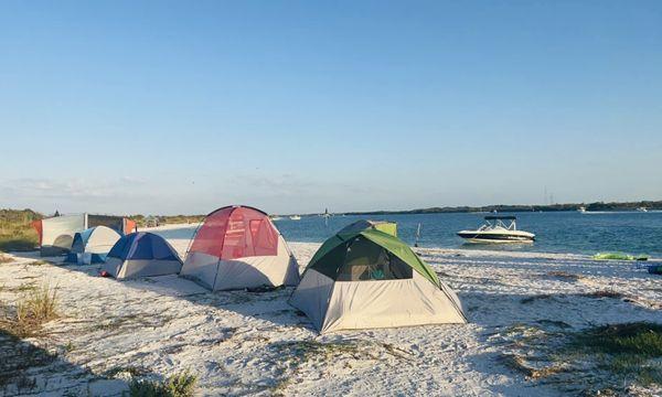 Motorboating & Camping on Shell Key Preserve Island, East of Fort Desoto Island, West of Pass-A-Grille & St Pete Beach, Tampa Bay