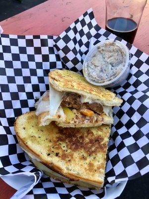 Vegan Sausage grilled cheese. Spicy! With side of potato salad.