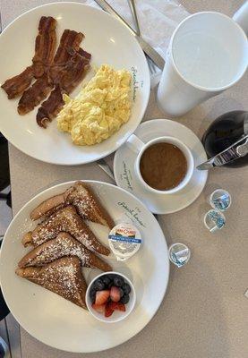 Pancake Breakfast includes two eggs and choice of meat.