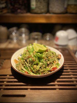 Fermented tea leaf salad. #teatasting #cocktail #asian #romantic #anniversary #birthday #dinner #lunch #cozy #cute #tea #date #hip #cool