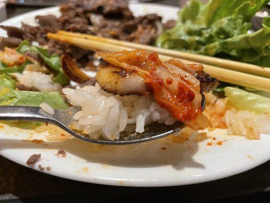 Curry pork belly with kimchi, bean paste, and rice