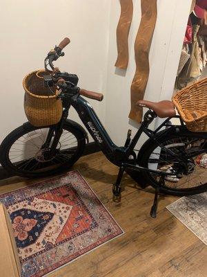 Euphree City Bike w front and rear wicker baskets.