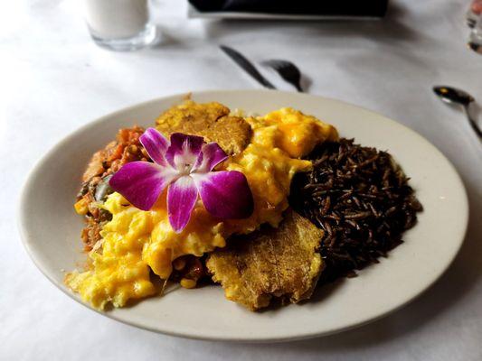 Baked Tour d'Legume & Eggs diri jon jon, fried plantains (Haitians do it best), scrabbled eggs with cheddar cheese and legumes.