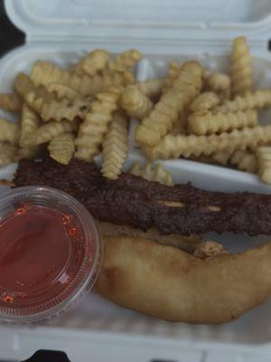 Kids meal: chicken fingers, french fries and teriyaki beef stick