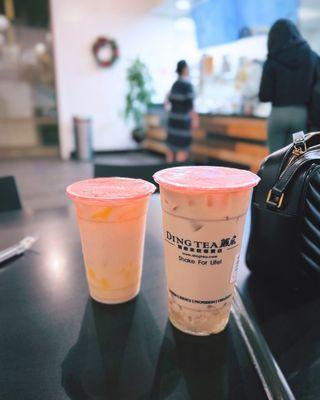 Rose milk tea (regular) + Signature milk tea (large)